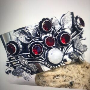 Garnet Moonstone Stamped 925 Sterling Silver Cuff Bracelet
